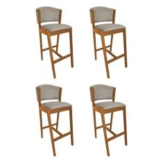 Kit 4 Banquetas Alta De Madeira Maciça Cerejeira Premium Ana Com Encosto Linho Bege - Cor: Bege