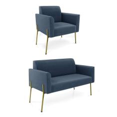 Sofá Namoradeira e Poltrona Pé de Ferro Dourado Marisa Suede Azul Marinho D03 - D`Rossi