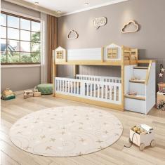 Beliche Infantil Montessoriana Garden com Escada Lateral e Proteção Casinha Grade Casatema Branco/Natural