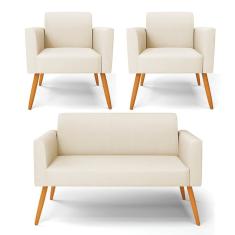 Sofá Namoradeira Com 2 Poltronas Pés Palito Castanho Marisa Linho Bege A19 D03 - D'rossi