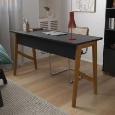 Escrivaninha Pés Em Madeira Maciça 125cm 1 Gaveta - Preto Acetinado - 