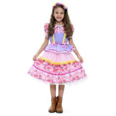 Vestido de Festa Junina Caipira Infantil Lilás com Babados e Tiara - S