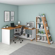 Conjunto de Escrivaninha com Estante de Escritório Gold Star 2 GV Freijó e Branco