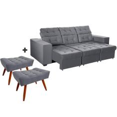 Sofá 4 Lugares Itália Plus 2,50m Retrátil, Reclinável, com 2 Puffs ,Pés Palito, Cinza