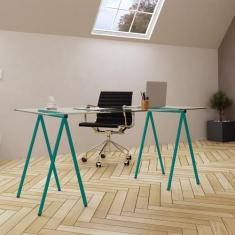 Escrivaninha de Vidro Itaim Cavalete Base Ferro Azul Turquesa - NEW GR