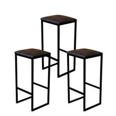 Jogo 3 Banqueta Alta Cozinha Balcão Bistrô Industrial Preta Assento Es