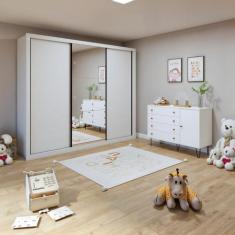 Quarto Infantil Guarda Roupa Premium Marcella 242cm com Espelho 3 Port