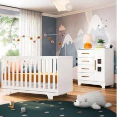 Conjunto Quarto de Bebê 100% MDF Mini Berço e Cômoda 1 Porta 4 Gavetas