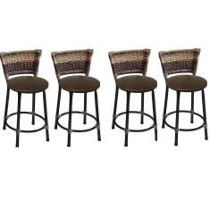 Kit 4 Banquetas Baixas Preta com Encosto Junco Capuccino Assento Marrom