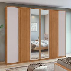 Guarda-roupa Ollie 6 Portas 6 Gavetas 6 Prateleiras com Espelho Amêndoa Clean/Off White