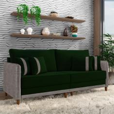 Sofá Living Montecarlo 3 Lugares Bipartido 252cm Pés Em Madeira Veludo/pu Verde/cinza G33 Gran Belo