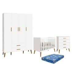 Dormitório Infantil Isis Guarda Roupa 4 Portas, Cômoda E Berço Branco Com Colchão - Reller Móveis Branco