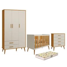 Dormitório Infantil Isis Guarda Roupa 3 Portas, Cômoda E Berço Areia Savana Com Colchão D18 - Reller Móveis Areia Savana