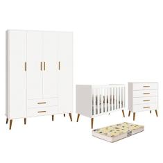 Dormitório Infantil Isis Guarda Roupa 4 Portas, Cômoda E Berço Branco Com Colchão D18 - Reller Móveis Branco