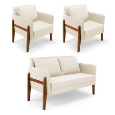 Kit 1 Sofá Namoradeira e 2 Poltronas Lana Veludo Bege Base de Madeira - D'Rossi