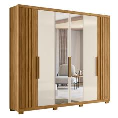 Guarda Roupa Casal Gaia M07 6 Portas Bater 4 Gavetas MDP com Espelho Freijó-Off White Mpozenato