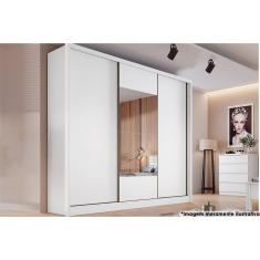Guarda Roupa Casal Arezzo-Medelim Neve 3 Portas de Correr 6 Gavetas MDF Branco Neve Móveis Novo Horizonte