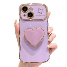 Espumoso Capa compatível com iPhone 13 com suporte de coração, linda moldura ondulada, formato encaracolado com suporte de coração de amor, capa de proteção de câmera levantada luxuosa à prova de