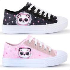 Kit 2 Tênis Infantil Feminino Panda Glitter Cano Baixo - LUKYS CALÇADO