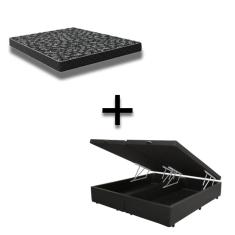 Cama Box Baú King 193 Tecido Sintético Preto Com Colchão Espuma D20 - Tampo Preto Bello Box 12cm