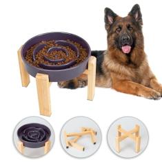 Tigela de alimentação lenta elevada para cães - Prato de labirinto com suporte de bambu - Tigela de comida de cerâmica elevada para cães médios e grandes - 21 cm - roxo