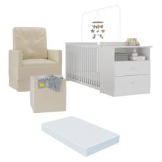Berço Cômoda com Colchão, Poltrona de Amamentação e Puff Meu Bebê Mult