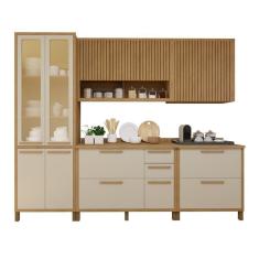 Cozinha Completa Torino Com 2 Aéreos, 1 Paneleiro Porta De Vidro E 2 Balcões Cinamomo-off White