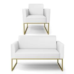 Sofá Namoradeira Com Poltrona Base Industrial Dourado Marisa Corino Branco D03 - D`rossi