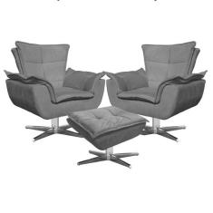 Kit 2 Poltronas Decorativas Base Giratória Cromada com Puff Opla Suede