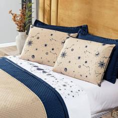 Jogo De Cama Lençol Constelações Branco Casal Padrão 04 Peças Percal 200 Fios Universo Astrologia Signos