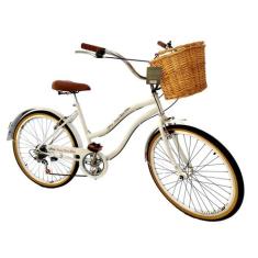Bicicleta Aro 26 Retrô Vintage Feminina Cesta Vime 6V branco - Maria C