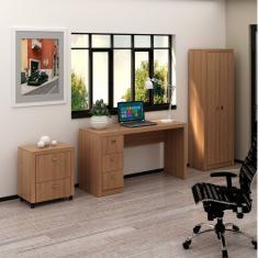 Conjunto Home Office 3 Peças 1 Escrivaninha 1 Armário 2 Portas E 1 Gaveteiro Tecno Mobili Amendoa