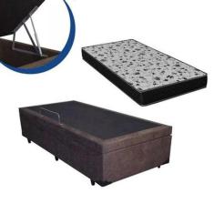 Cama Box Baú Solteiro Conforto Suede Marrom + Colchão Solteiro Conforto Espuma D33 Com EPS 28x88x188