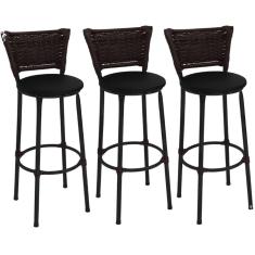 Kit 3 Banquetas Médias Preta com Encosto Junco Argila Assento Preto