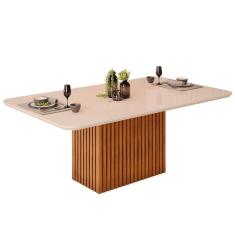 Mesa p/ Cozinha Canes c/ Tampo Madeirado c/ Vidro Curvo 200x100cm Freijó/Off White - DJ Móveis