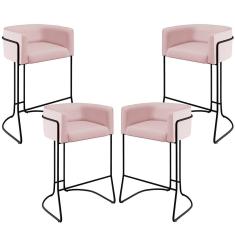 Kit 4 Banquetas Alta Betina D02 C-305 Estrutura Aço Assento Veludo Preto Rosê Lyam Decor