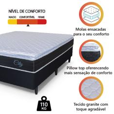Cama Box Casal Colchão Com Molas Ensacadas City Pillow Top 138x188x61cm Preto/Branco Hellen