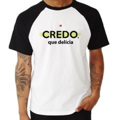 Camiseta Raglan Credo, que delícia - Foca na Moda, Branco, Preto, GG