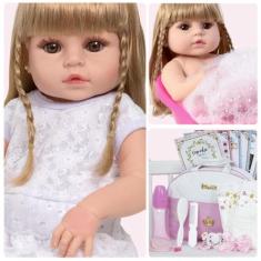 Boneca Reborn Loira Siliconada Olhos Castanhos Vários Itens - Cegonha 