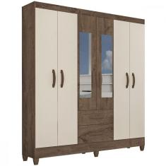 Guarda Roupa Casal Real 6 Portas 2 Gavetas MDP Espelho Mocaccino Rústico Off White Atualle Móveis