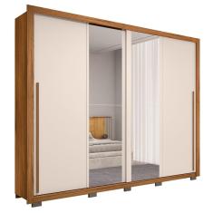 Guarda Roupa Casal Praticus 2 Portas de Correr 4 Gavetas MDF com Espelho Freijó-Off White Caemmun Móveis