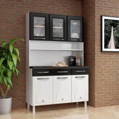 Armário para Cozinha 6 Portas 3 Gavetas com Tampo e Vidro Star New Telasul Branco/Preto
