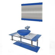 Gabinete de Vidro 80cm Inox com Cuba Redonda Azul Escuro