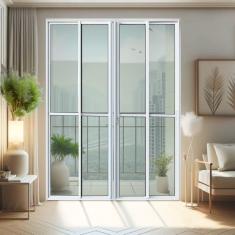 Porta de Correr 4 Folhas Moveis 210 X 200 Elite com Fechadura Tetra Vidro Liso Branco