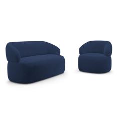 Kit Poltrona Giratória e Sofá Orgânico Living Glee 02 Lugares 140cm Veludo Azul Marinho - Desk Design