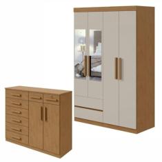 Conjunto de Guarda-roupa 4 Portas 2 Gavetas Zeus com Espelhoe Cômoda 8 Gavetas 2 Portas Toronto Amêndoa Clean/off White