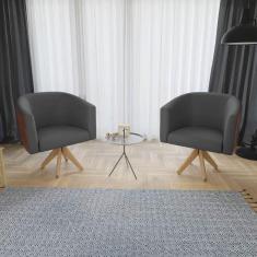 Kit 02 Poltronas Base Giratória De Madeira Nozes Cinza