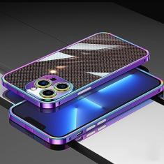 Capa de metal de filme de fibra de carbono para iPhone 14 Pro MAX 13 12 11 14 Plus Chapeamento Pára-choque Armação de alumínio Protetor de câmera Capa de telefone, Azul gradiente, Para iPhone 14 Plus