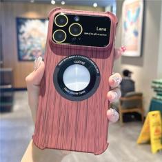 Capa luxuosa de textura de grão de madeira magnética para iPhone 11 12 13 14 Pro Max 14 Plus Capa à prova de choque de proteção de câmera, marrom vermelho, para iPhone 13 Pro