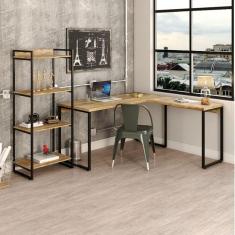 Conjunto Home Office Industrial 2 Peças 1 Escrivaninha em L e 1 Estante 4 Prateleiras Kuadra Compace Carvalho